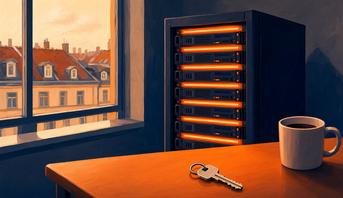 A small server rack with glowing orange lights in a quiet office overlooking European rooftops, a key and a coffee mug on the desk