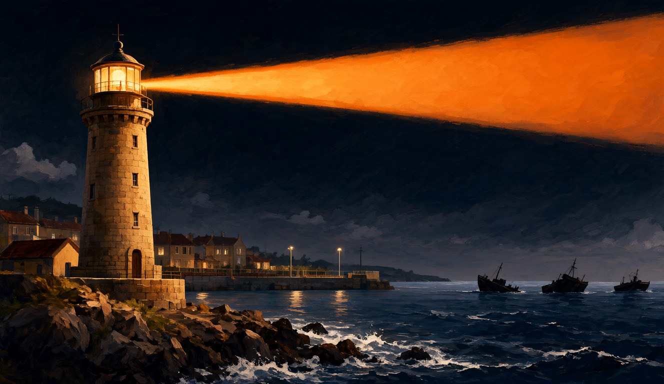 A stone lighthouse on a rocky coast at night sending a wide orange beam over a stormy sea, the harbour behind it calm