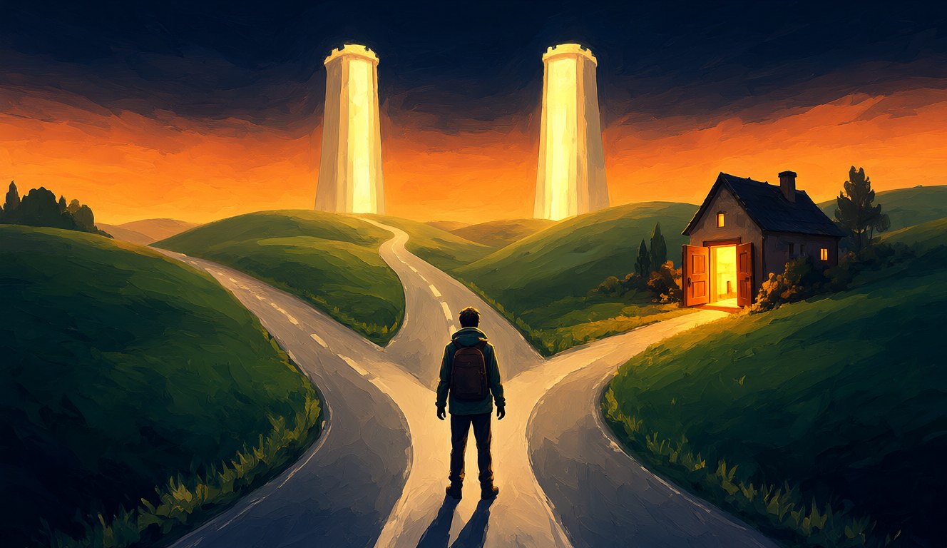 A traveller at a fork where three roads split across green hills, two leading to giant glowing towers and one to a small warm village with open doors