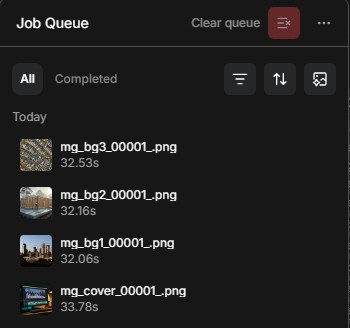 ComfyUI job queue showing four Qwen Image 2.1 images at 32 to 34 seconds each