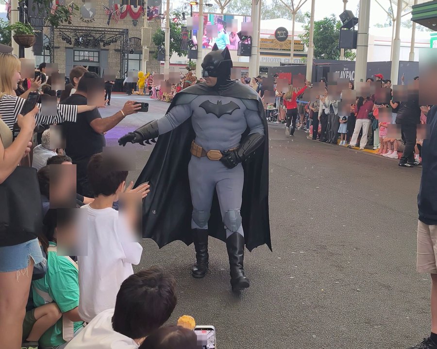 Batman in the Hero Parade at Movie World reaching out to visitors filming on their phones
