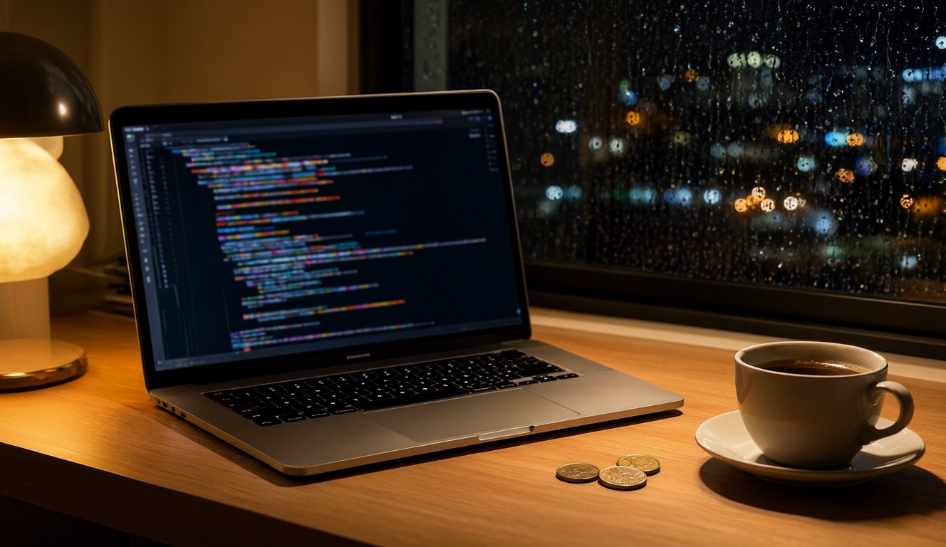 A laptop with code, a coffee and a few coins on a home desk at night with rain on the window