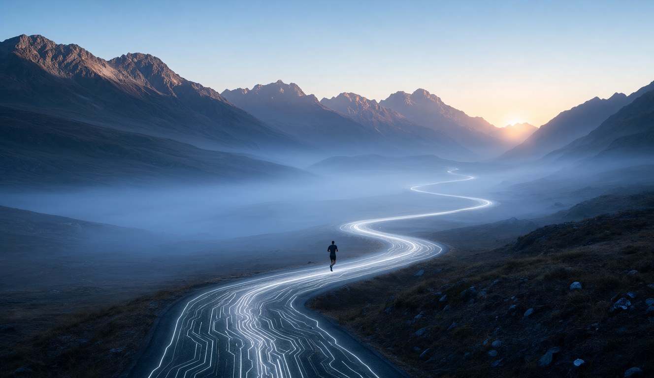 A lone runner on an endless glowing road through a misty mountain valley at dawn
