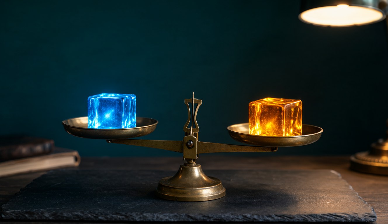 An old brass balance scale holding a blue and an amber glass cube, almost perfectly balanced