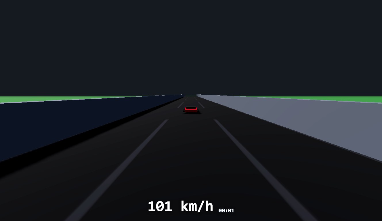 My 3D car racing game in play: a red car on a marked road with barriers, speed 101 km/h