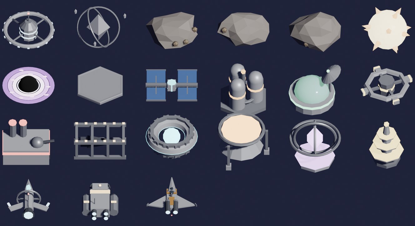 The 25 low-poly models for AdvGen: Orbital Empires, built by a Blender Python script and rendered as a contact sheet