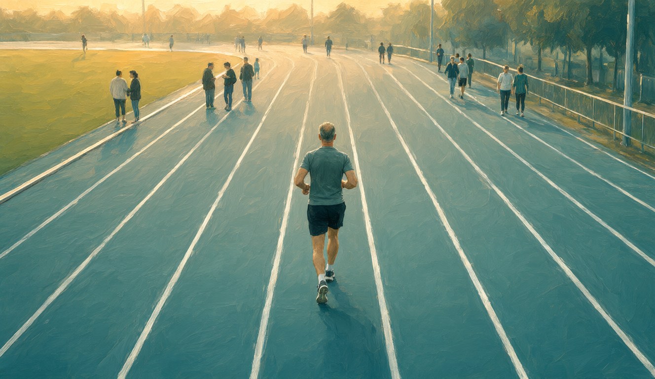 A middle-aged man jogging steadily in his own lane on a running track at sunrise while other figures stroll and wander in the other lanes