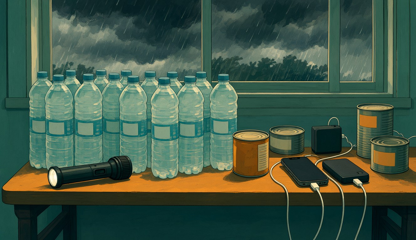 A kitchen bench in a Brisbane home before a cyclone, with bottled water, a torch, tinned food and phones and power banks charging while rain hits the window