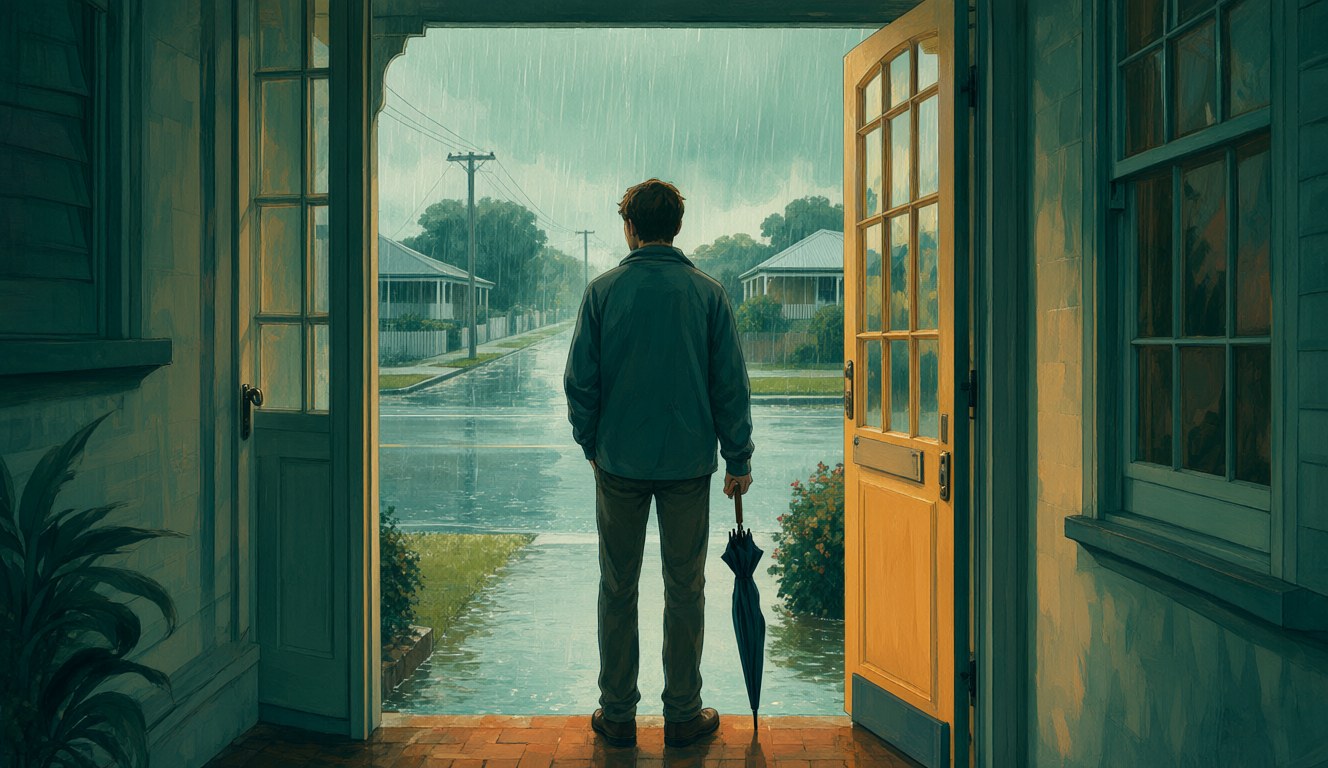 A person seen from behind standing at the front door of a Brisbane house holding a closed umbrella, looking out at heavy rain and a flooded street while deciding whether to go to work