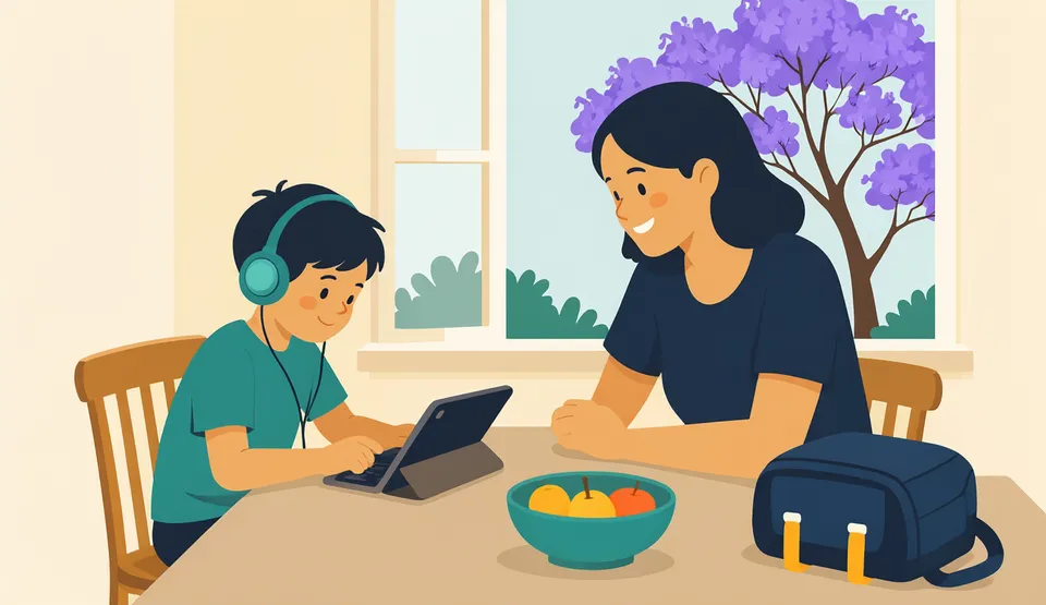 Illustration of a parent smiling beside a child in headphones typing on a tablet at a kitchen table, with a jacaranda tree outside the window