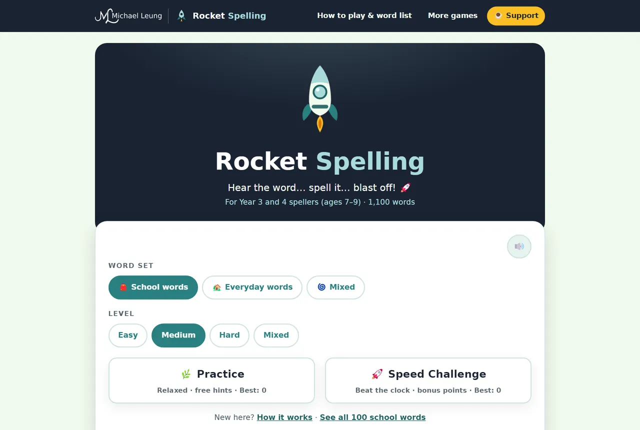 Rocket Spelling start screen: a navy banner with a rocket, word set buttons (School words, Everyday words, Mixed), level buttons and the Practice and Speed Challenge cards