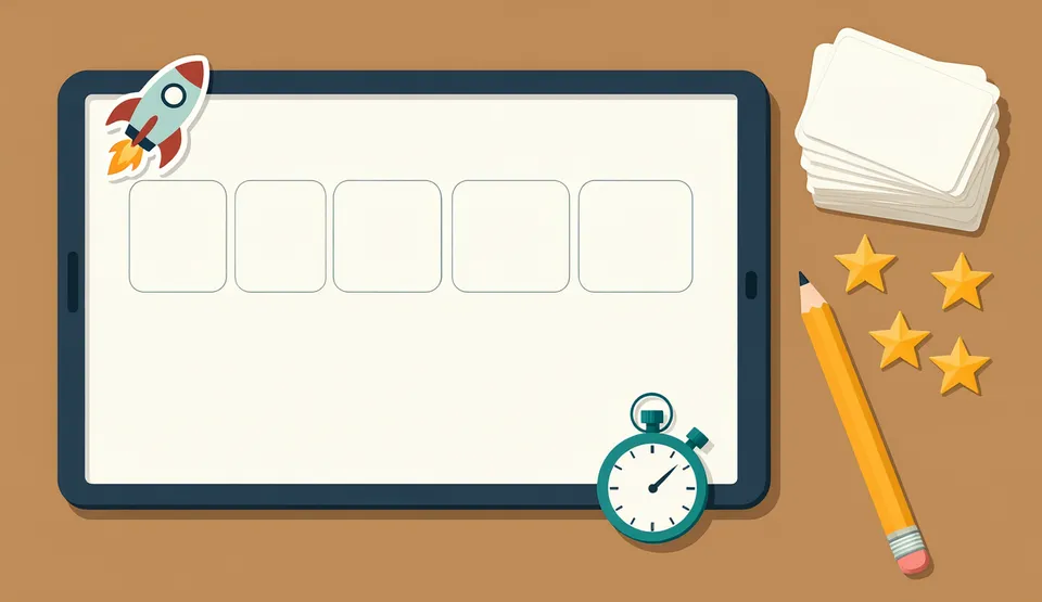 Illustration of a tablet showing empty letter boxes, with a rocket sticker, a stopwatch, gold stars and a pencil on a desk